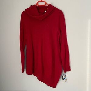 Alfani Women’s Cowl Neck Sparkly Red Asymmetric Hemline Knit Sweater Petite XL